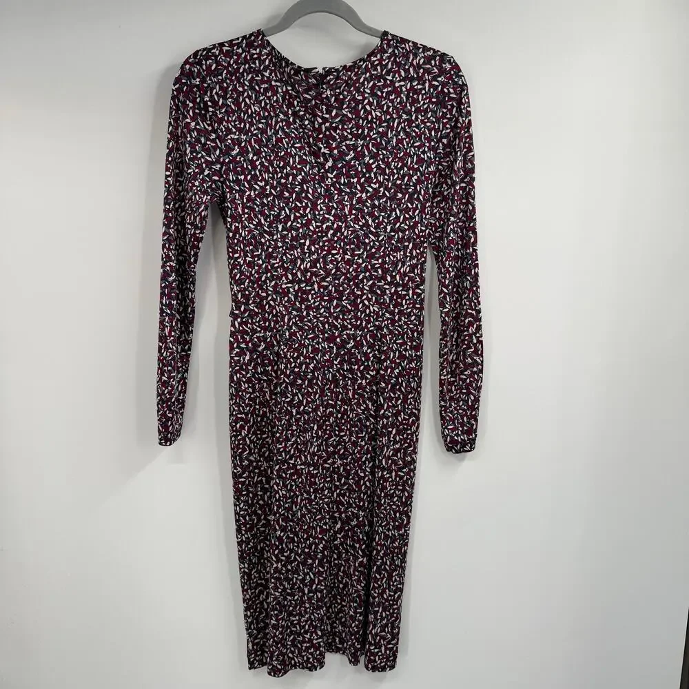 Tory Burch Dress Womens Small Burgundy Confetti Print 100% Silk Ruched